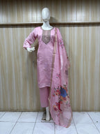Pink Handwork Vertican Suit Set with Dupatta