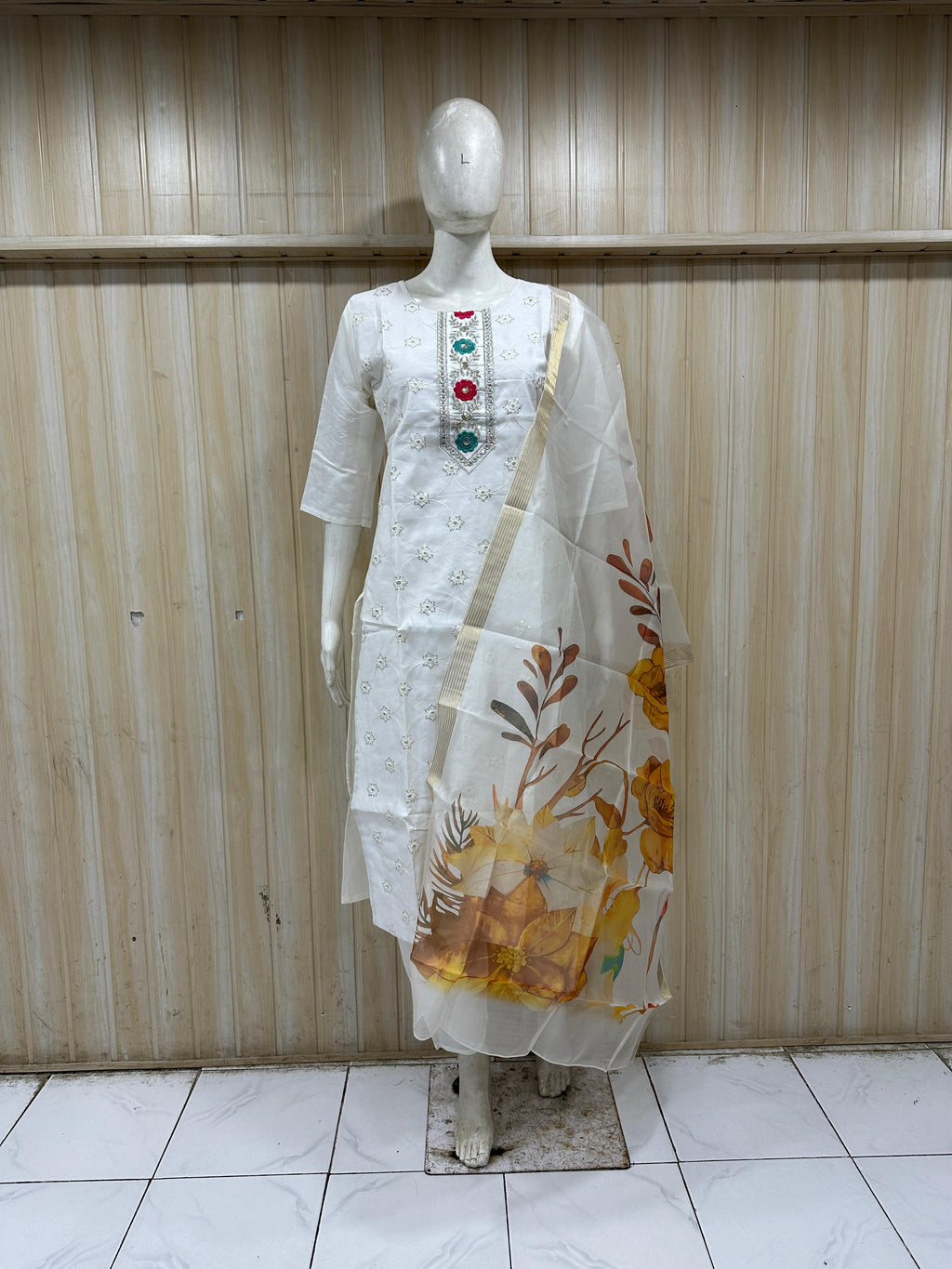 Women's White Roman Silk Embroidered Straight Suit Set with Floral Printed Dupatta (3-Piece)