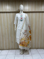 Women's White Roman Silk Embroidered Straight Suit Set with Floral Printed Dupatta (3-Piece)