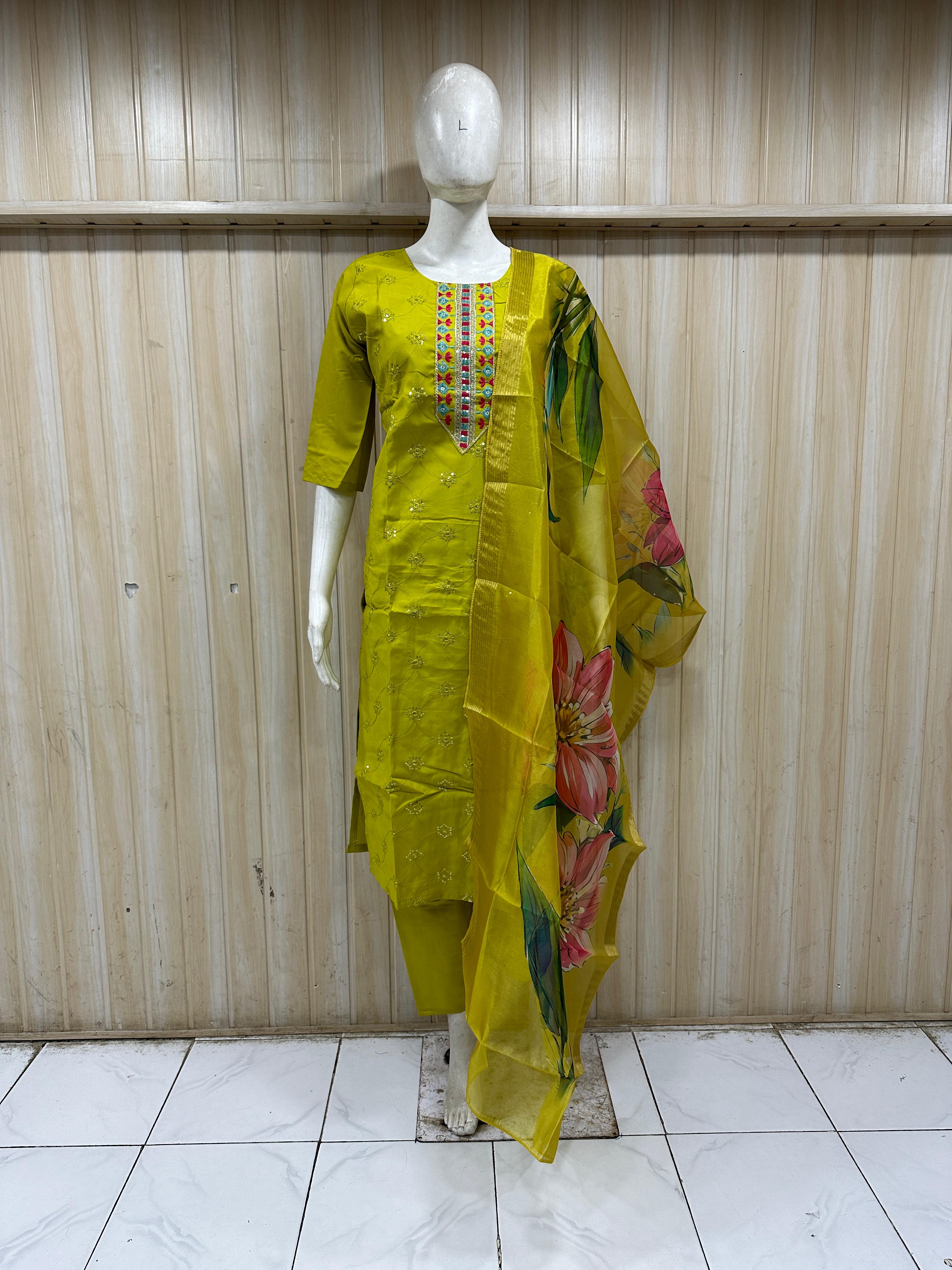 Mustard Yellow Roman Silk 3-piece kurta set