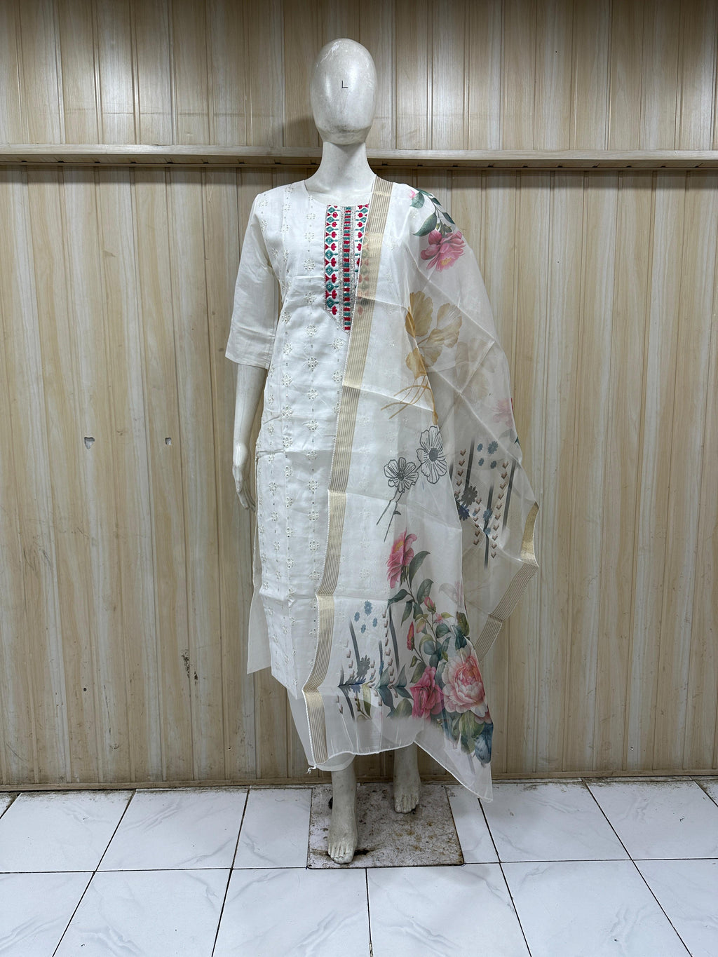 Women's White Roman Silk Embroidered Straight Kurta Set with Floral Printed Dupatta (3-Piece)