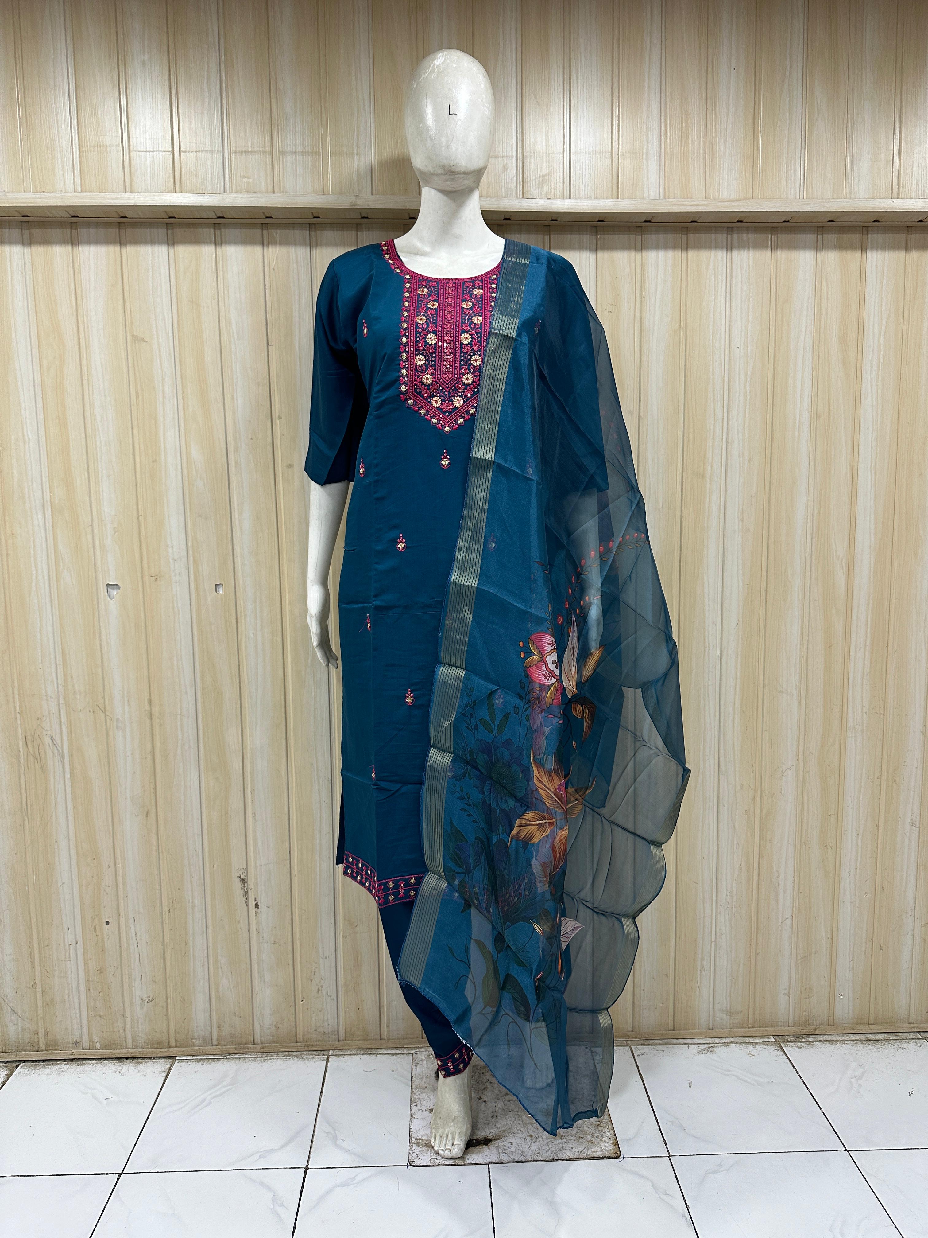 Women's Deep Teal Blue Roman Silk Embroidered Straight Suit Set with Printed Dupatta (3-Piece)
