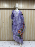 Lavender Dhabu Cotton Straight Suit Set with Printed Dupatta