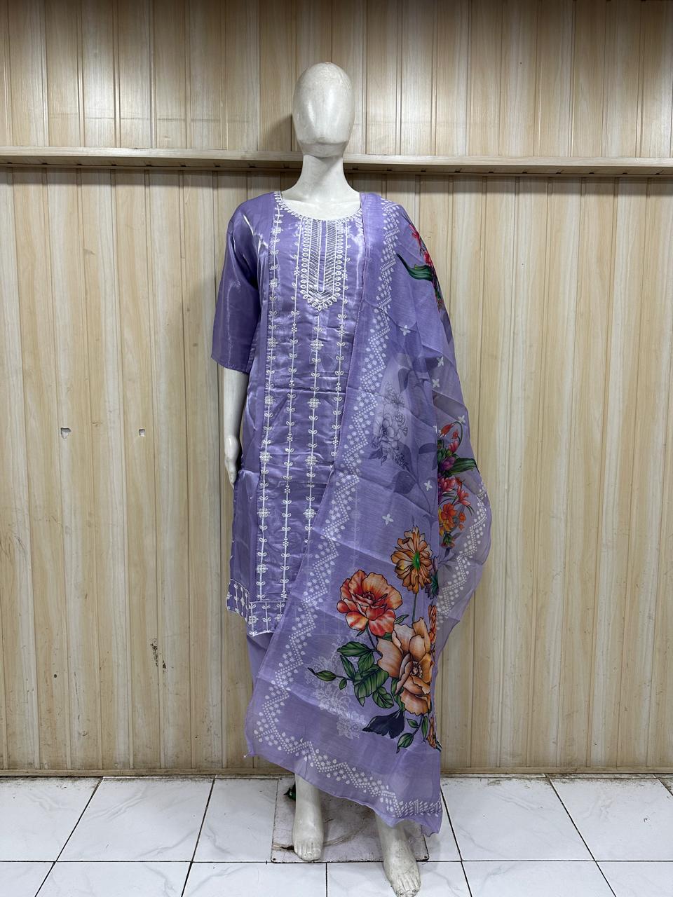Lavender Dhabu Cotton Straight Suit Set with Printed Dupatta