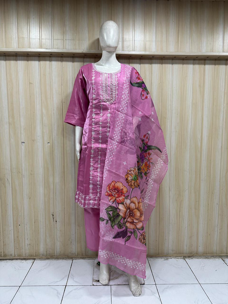 Pink Dhabu Cotton Embroidered Straight Suit Set with Printed Dupatta