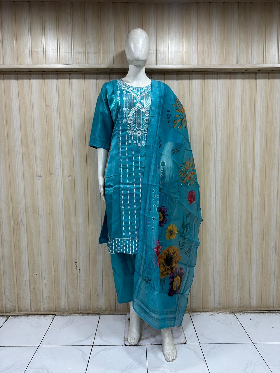 Teal Blue Dhabu Cotton Straight Suit Set with Printed Dupatta