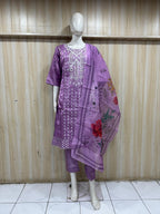 Lavender Purple Dhabu Cotton Straight Suit Set with Printed Dupatta