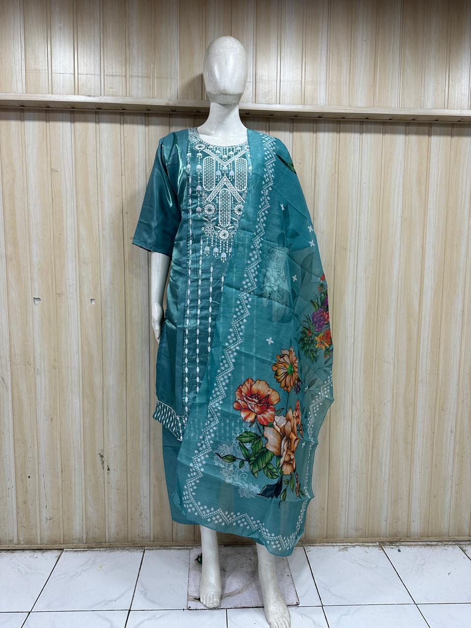 Teal Blue Dhabu Cotton Ethnic Suit Set with Printed Dupatta