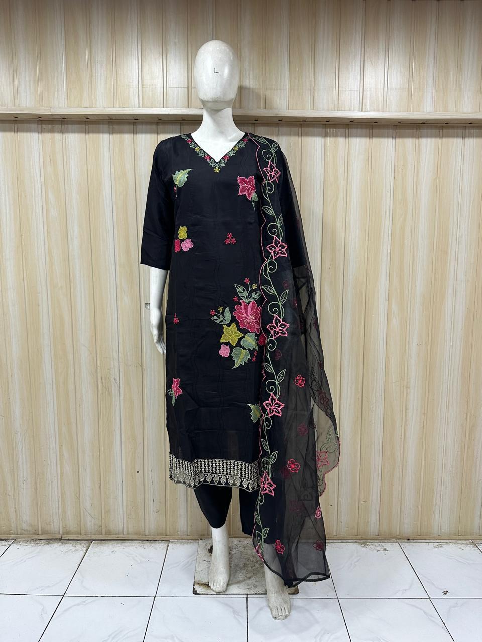 Black Floral Embroidered 3-Piece Ethnic Suit Set with Dupatta – Roman Skill