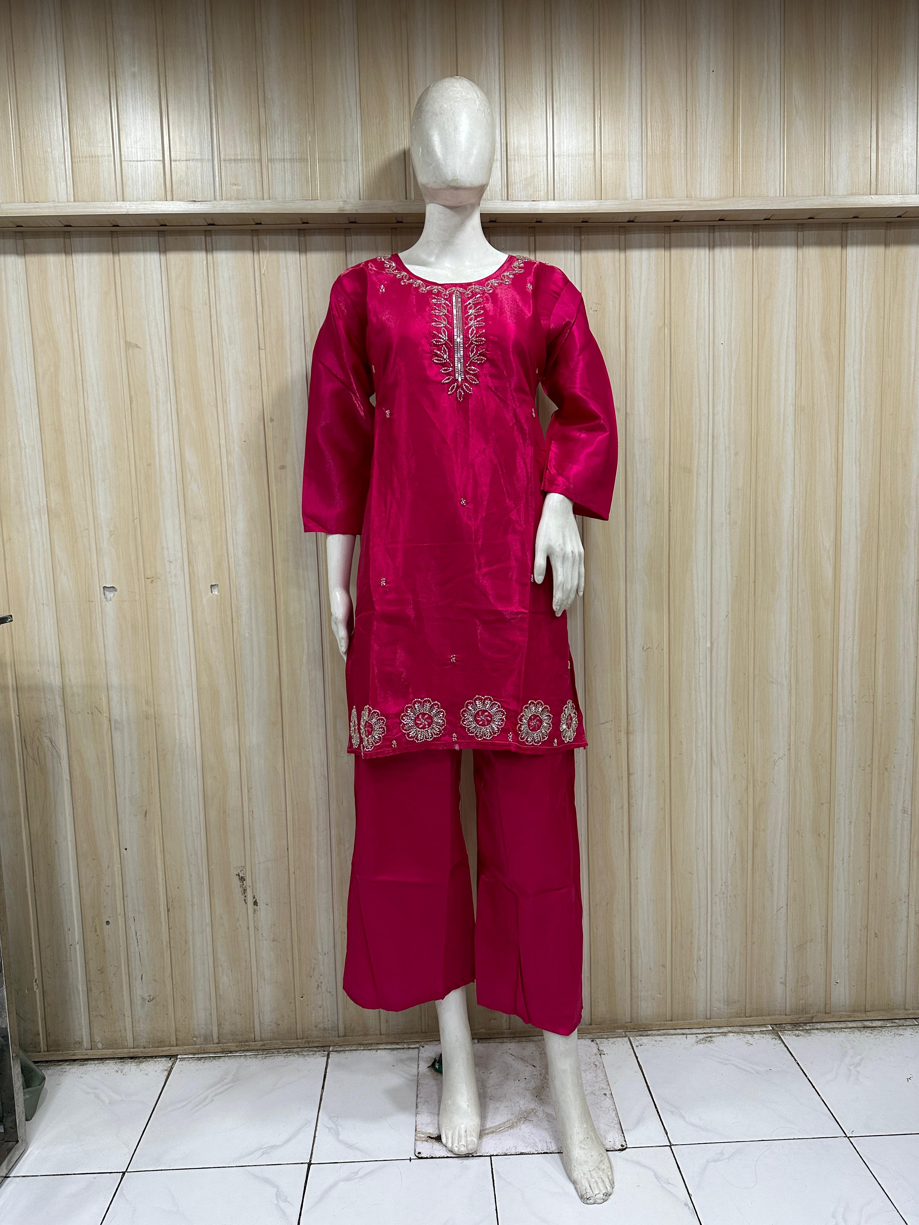 Fuchsia Pink Roman Glass Embroidered Straight Kurti &amp; Pant Set