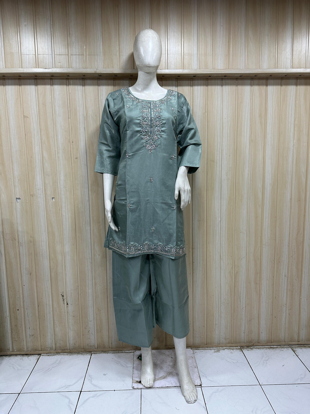 Slate Blue Roman Glass Embroidered Kurta and Palazzo Suit Set