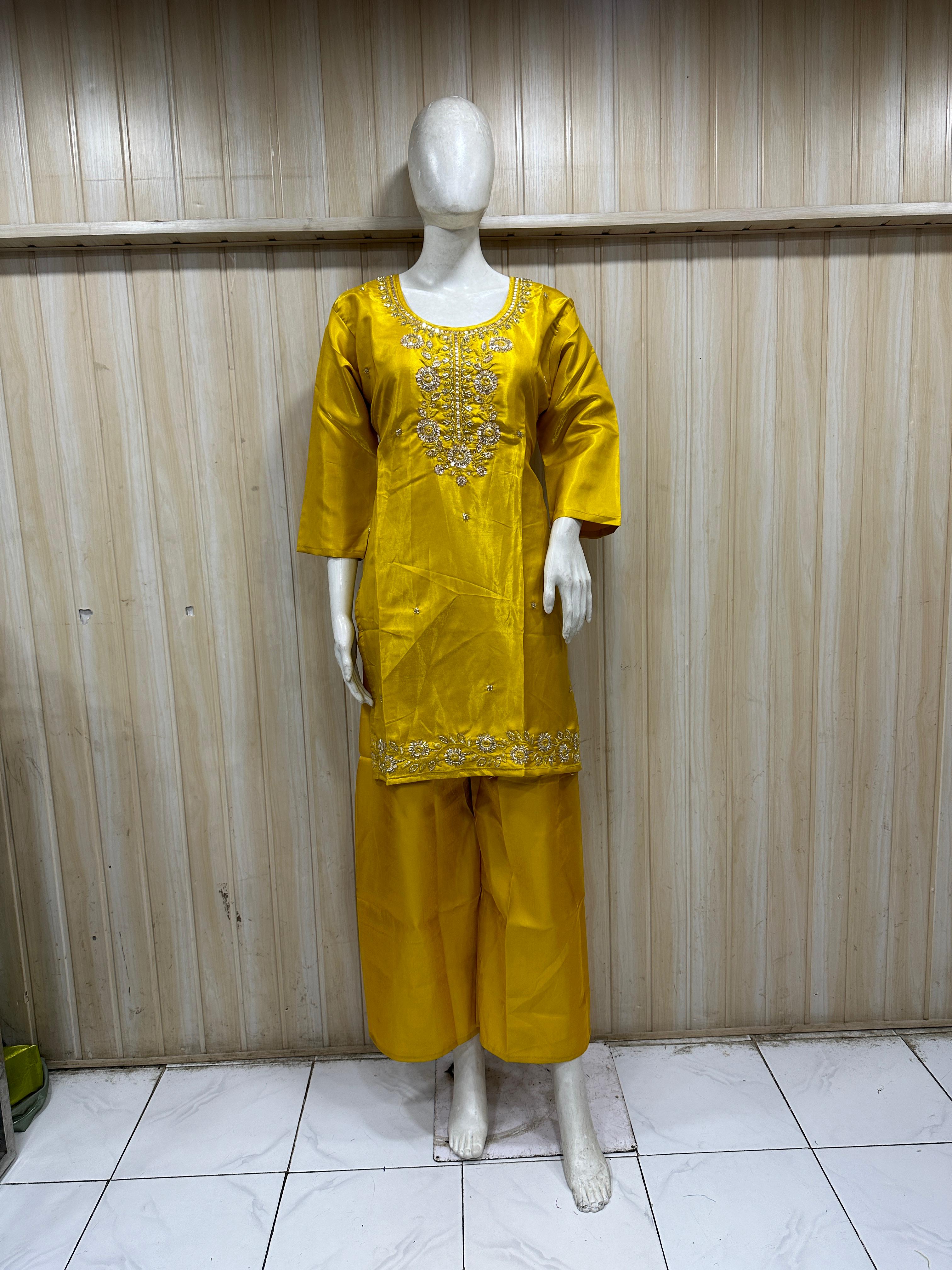 Mustard Yellow Roman Glass Embroidered Straight Kurti &amp; Pant Set
