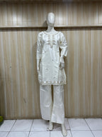 Ivory White Roman Glass Embroidered Straight Kurti &amp; Pant Set