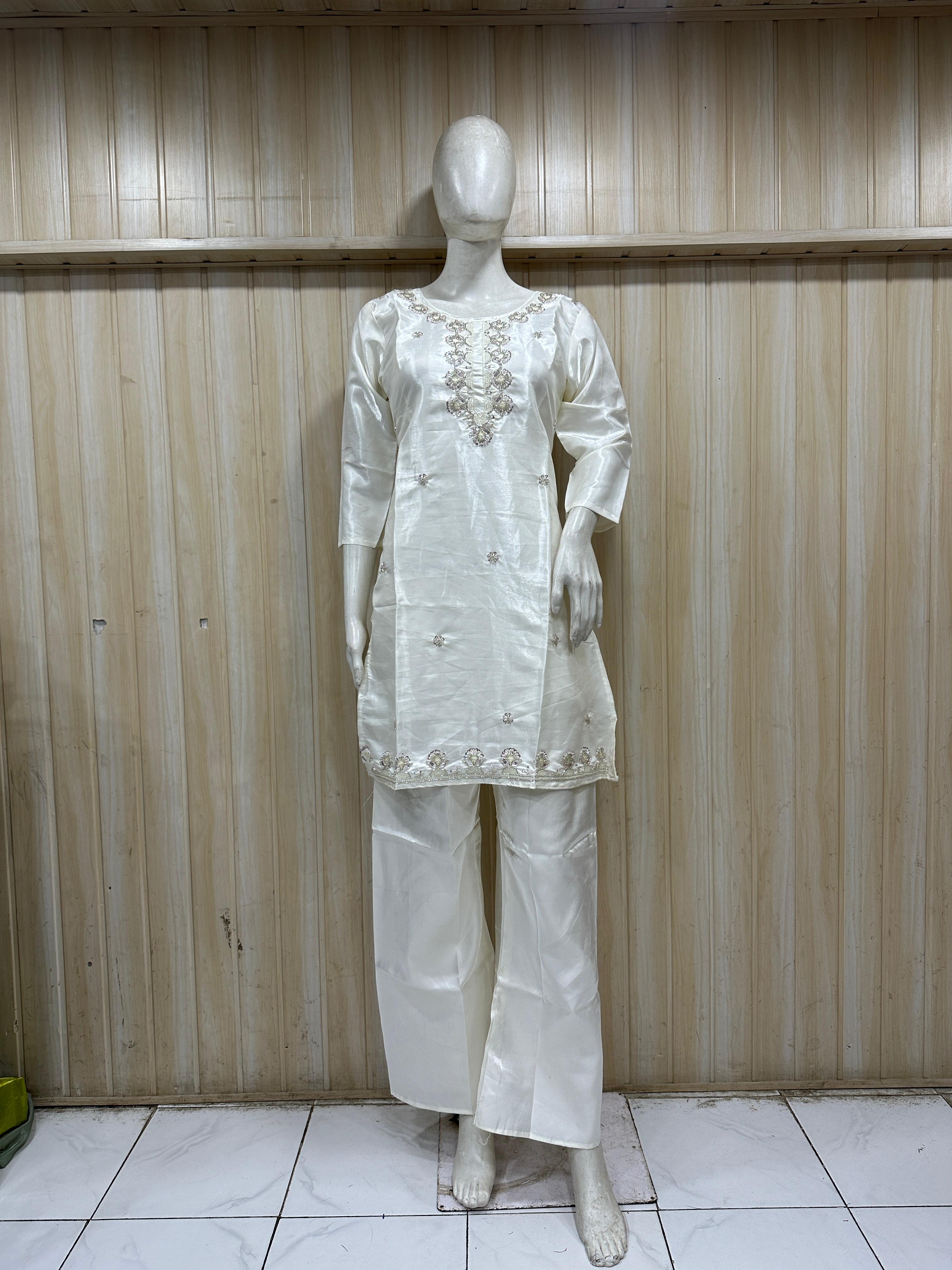 Ivory White Roman Glass Embroidered Straight Kurti &amp; Pant Set