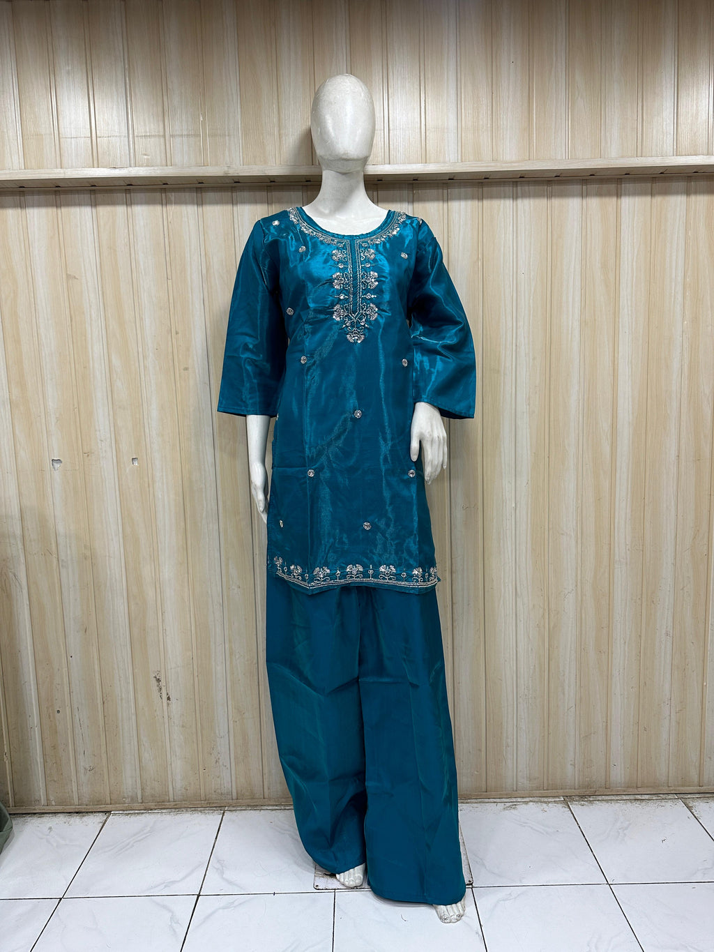 Teal Blue Roman Glass Embroidered 2-Piece Kurti &amp; Pant Set