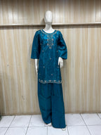 Teal Blue Roman Glass Embroidered 2-Piece Kurti &amp; Pant Set