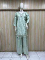 Mint Green Roman Glass Embroidered Straight Kurti &amp; Pant Set