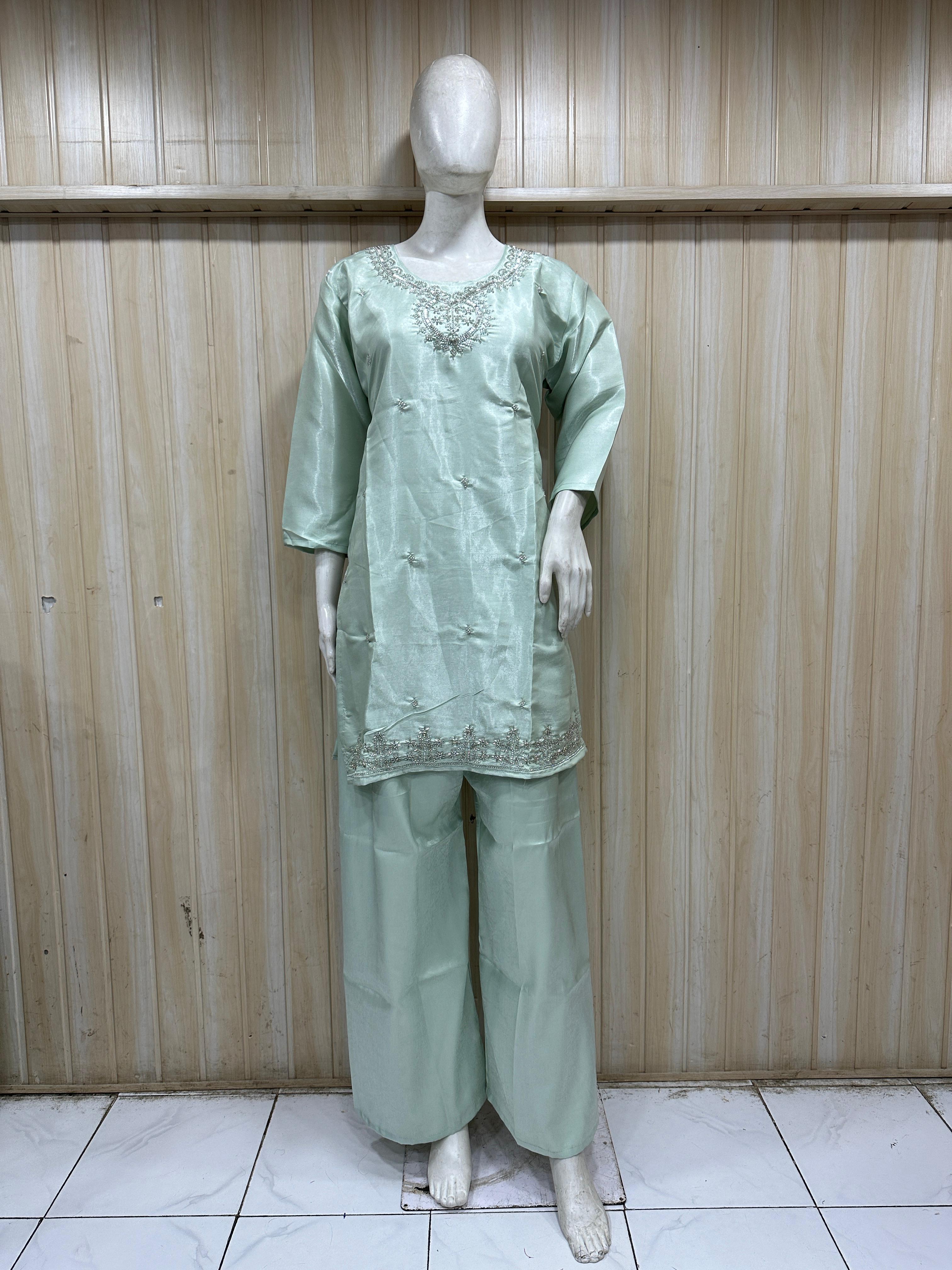 Mint Green Roman Glass Embroidered Straight Kurti &amp; Pant Set