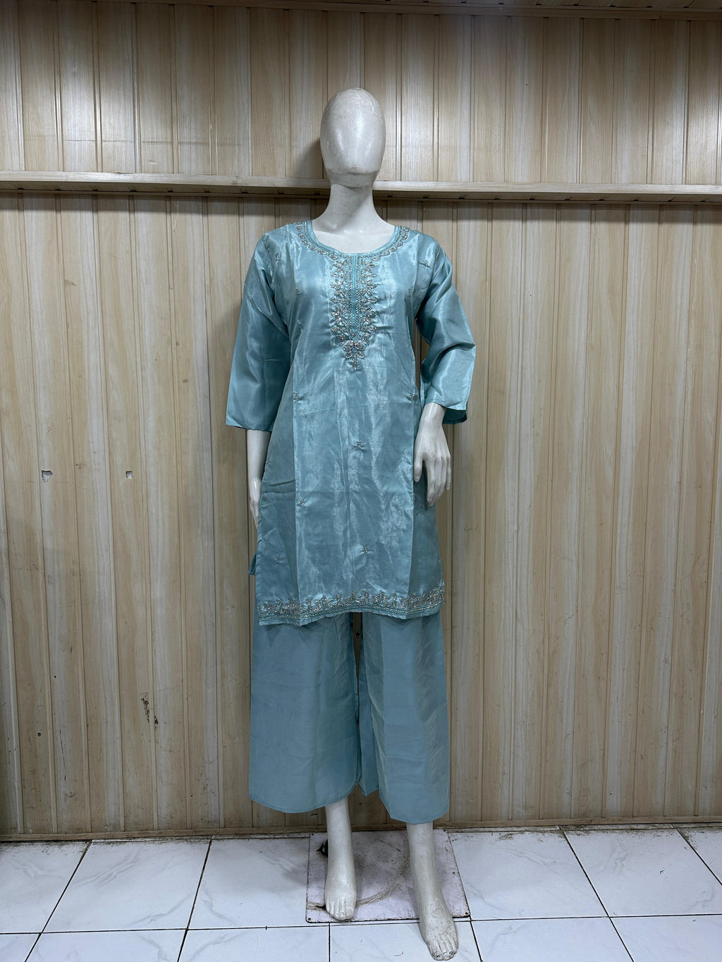 Sky Blue Roman Glass Embroidered 2-Piece Ethnic Kurti &amp; Palazzo Set