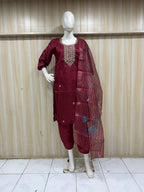 Maroon Embroidered 3-Piece Ethnic Suit Set with Dupatta | Vertican Fabric