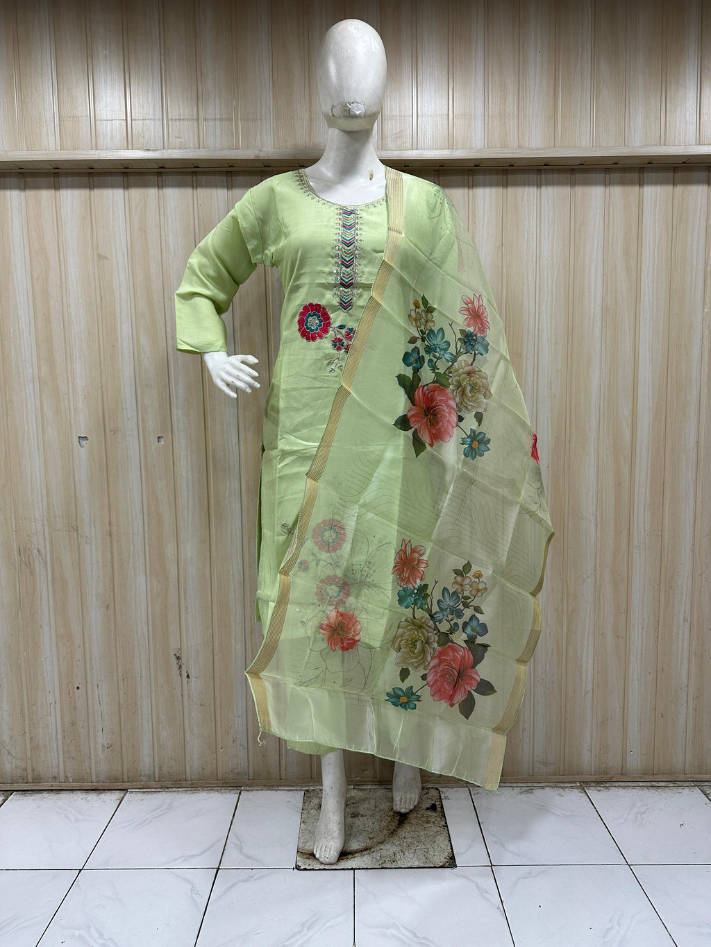 Pastel Green ROMAN SILK 3-Piece Ethnic Suit Set with Embroidered Neckline &amp; Floral Printed Dupatta