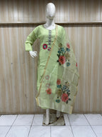 Pastel Green ROMAN SILK 3-Piece Ethnic Suit Set with Embroidered Neckline &amp; Floral Printed Dupatta