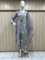 ROMAN SILK Light Grey 3-Piece Embroidered Ethnic Suit Set with Printed Dupatta