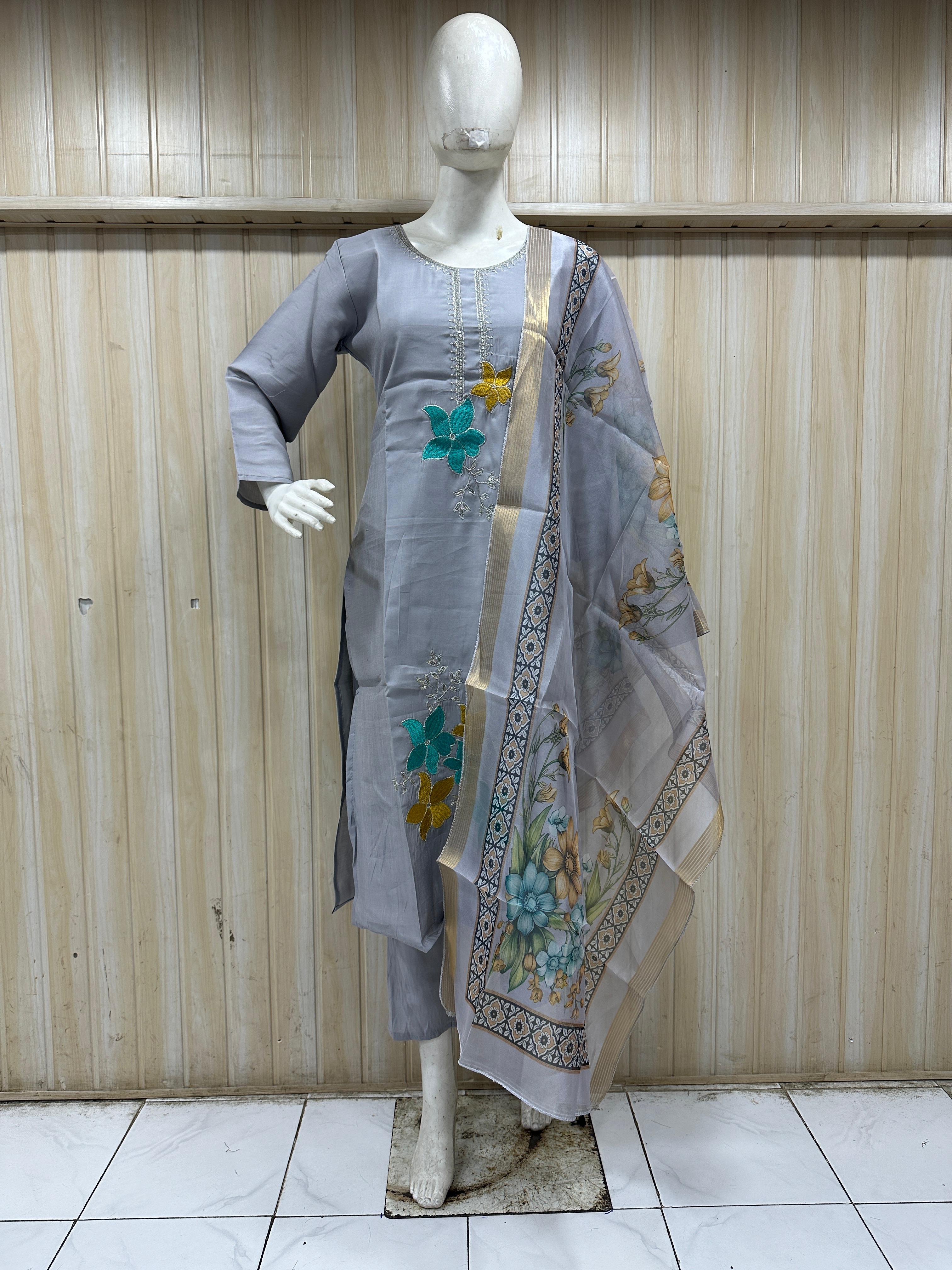 ROMAN SILK Light Grey 3-Piece Embroidered Ethnic Suit Set with Printed Dupatta