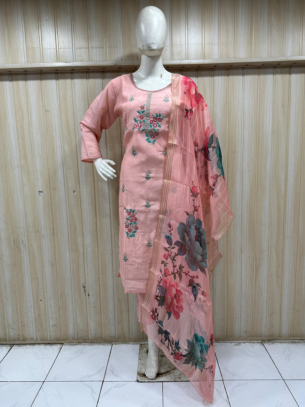 Blush Pink ROMAN SILK 3-Piece Ethnic Suit Set with Embroidered Kurti &amp; Floral Printed Dupatta