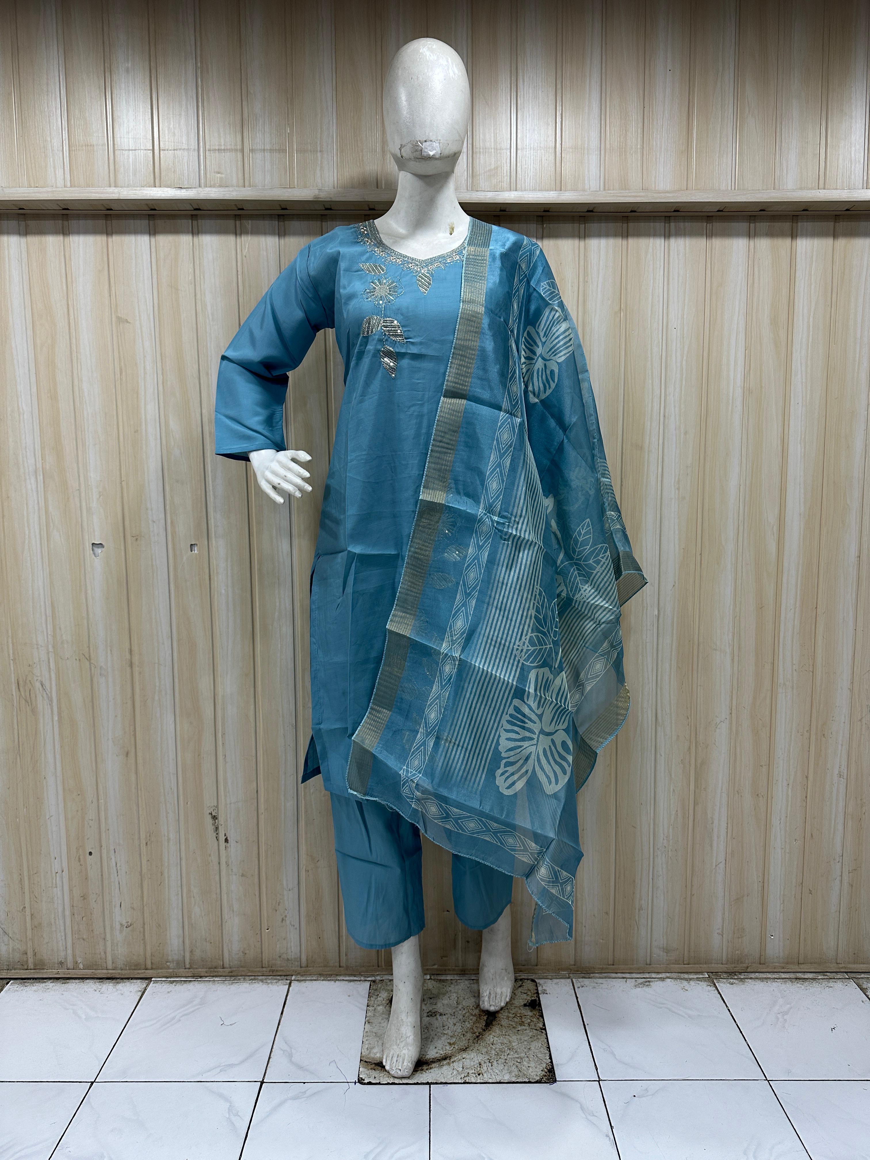 Steel Blue ROMAN SILK 3-Piece Ethnic Suit Set with Embroidered Kurti &amp; Woven Dupatta