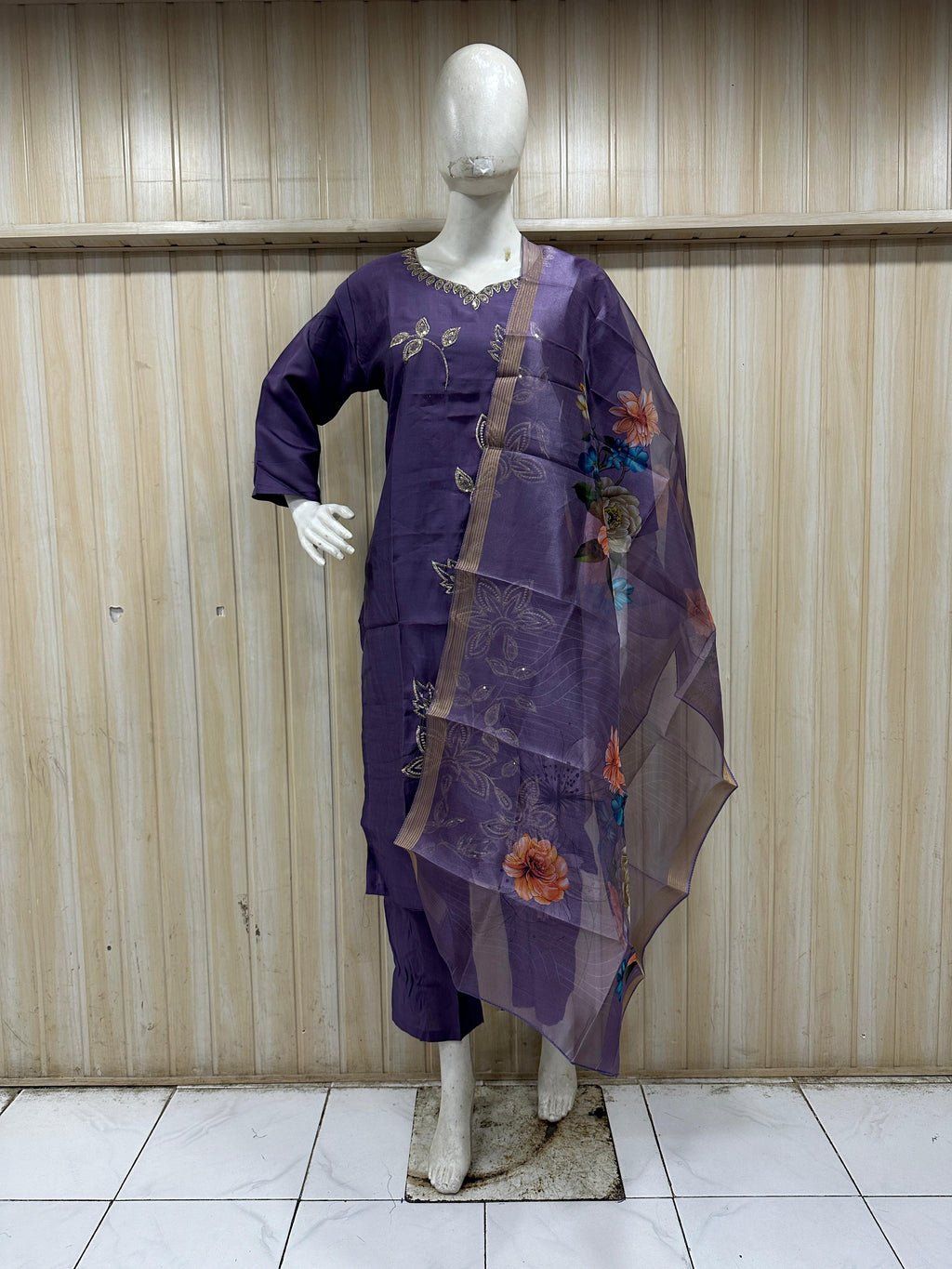 Purple ROMAN SILK 3-Piece Ethnic Suit Set with Embroidered Kurti &amp; Floral Dupatta