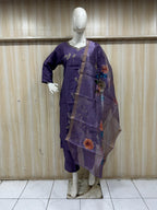 Purple ROMAN SILK 3-Piece Ethnic Suit Set with Embroidered Kurti &amp; Floral Dupatta