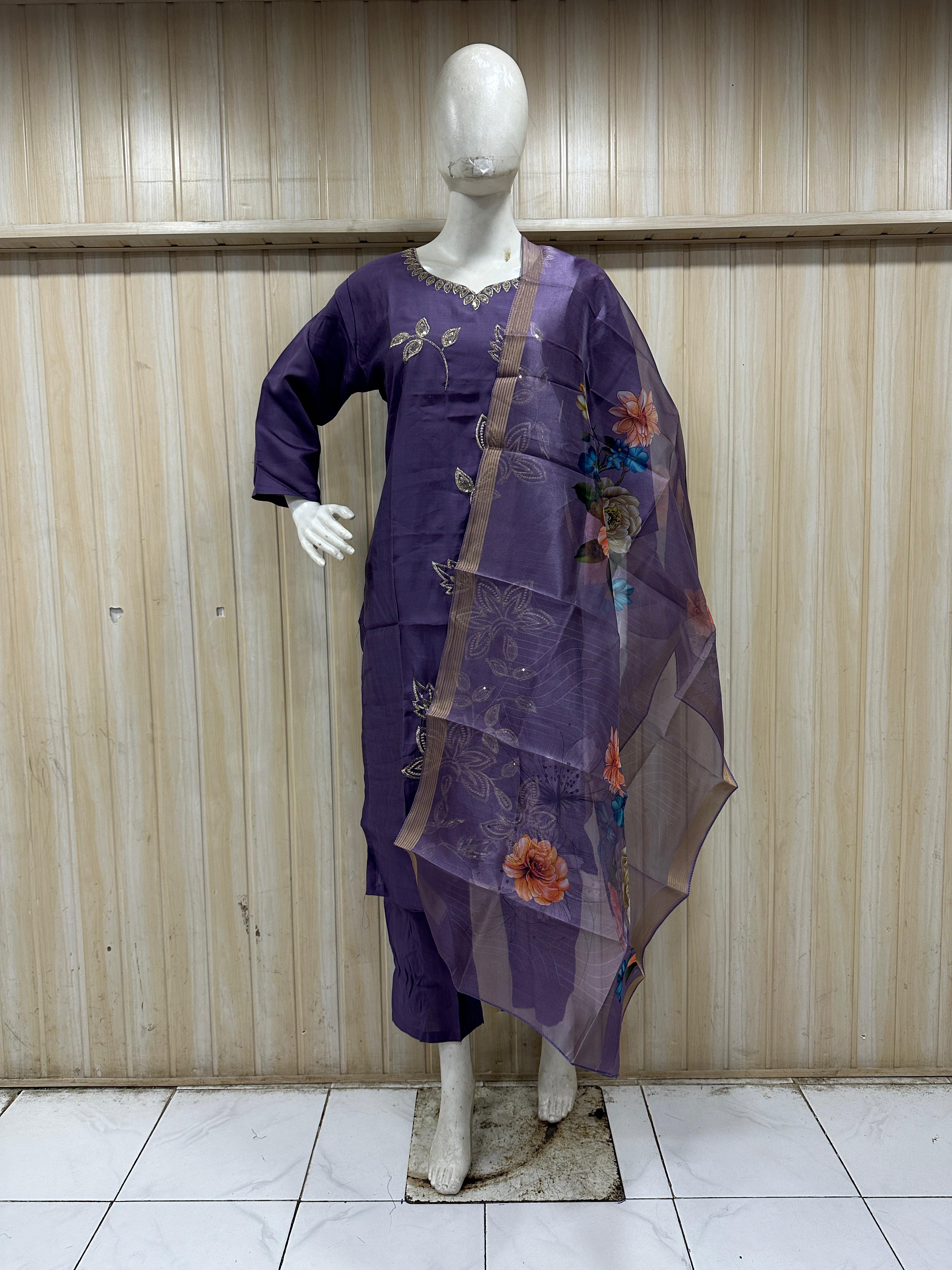 Purple ROMAN SILK 3-Piece Ethnic Suit Set with Embroidered Kurti &amp; Floral Dupatta