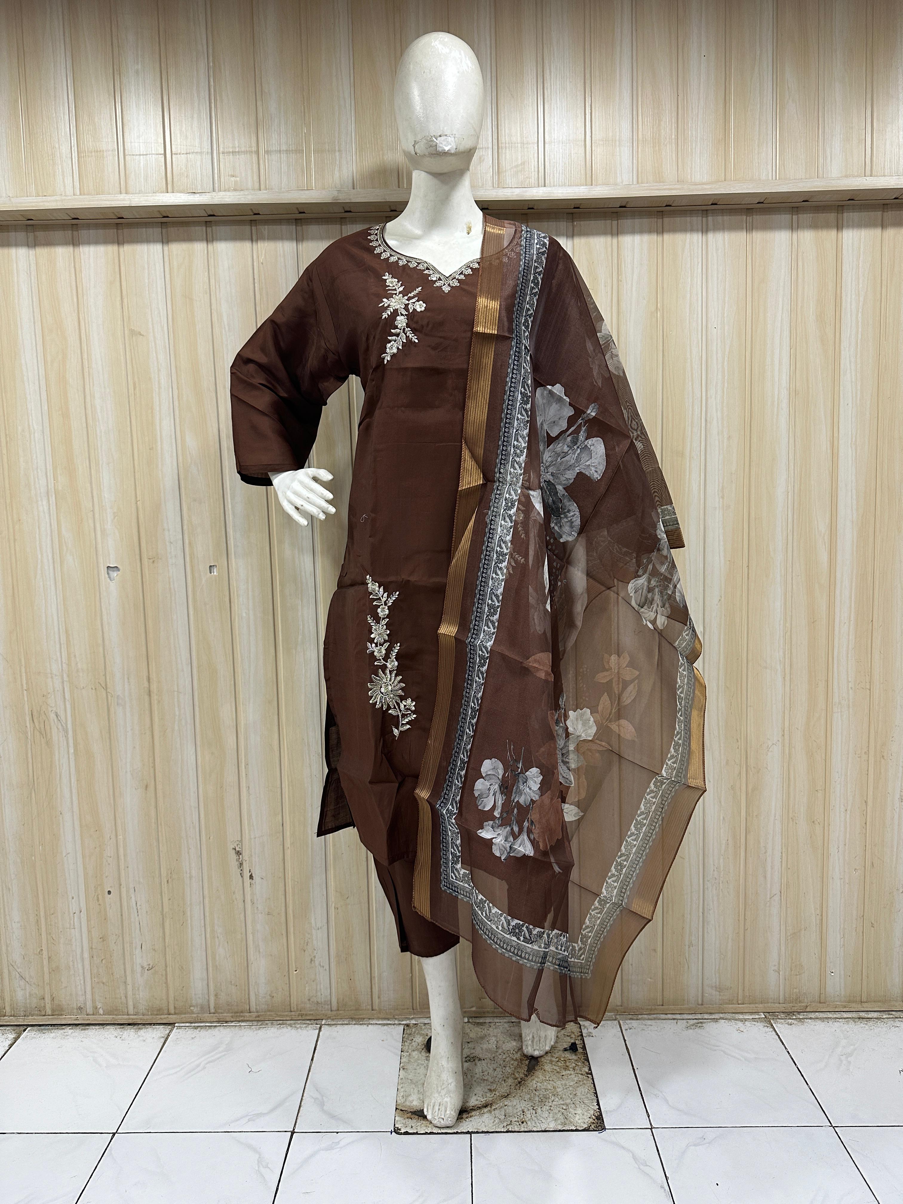 Dark Brown ROMAN SILK Embroidered Ethnic Suit Set with Printed Dupatta