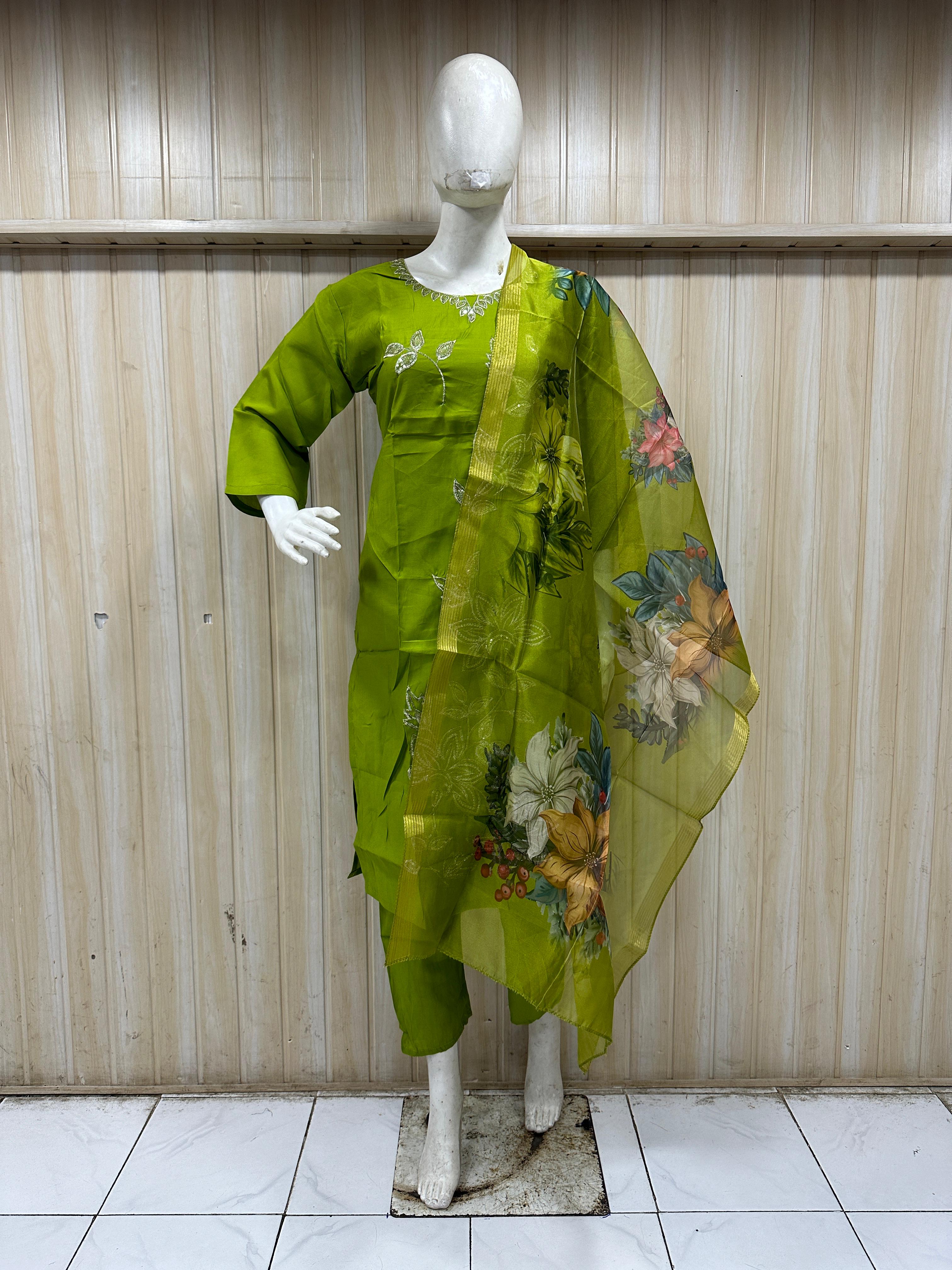 Lime Green ROMAN SILK Embroidered 3-Piece Ethnic Suit Set with Printed Dupatta