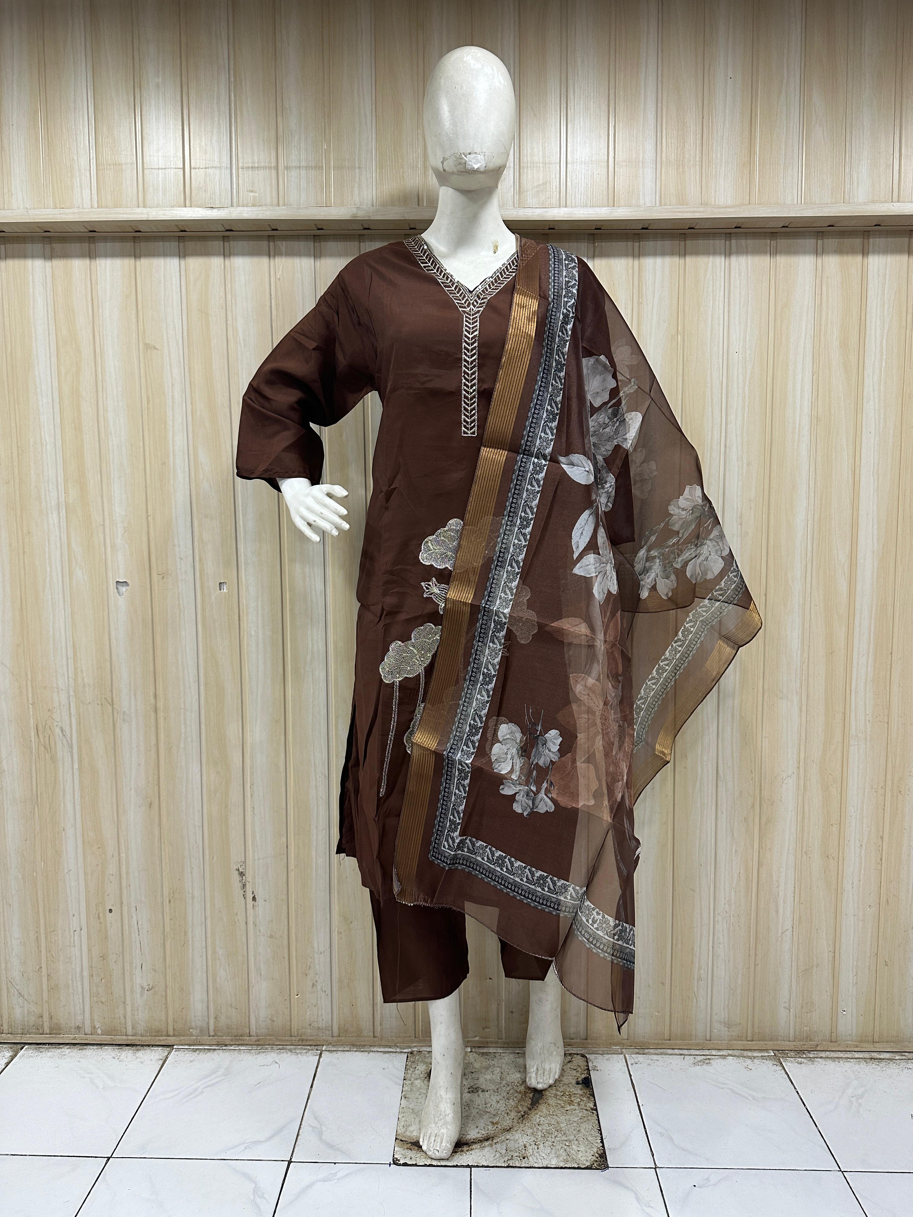 Brown ROMAN SILK Embroidered Straight Suit Set with Printed Dupatta