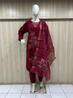 Maroon ROMAN SILK Embroidered Straight Kurti Set with Floral Printed Dupatta
