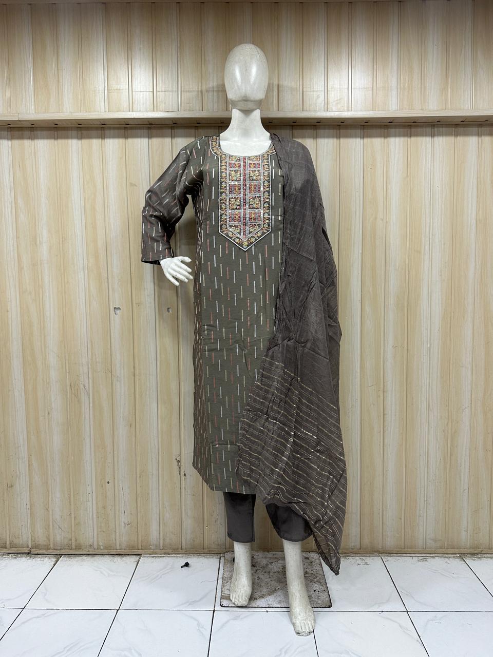 Charcoal Grey ROMAN SILK Straight Kurti Pant Set with Embroidered Neckline &amp; Matching Dupatta