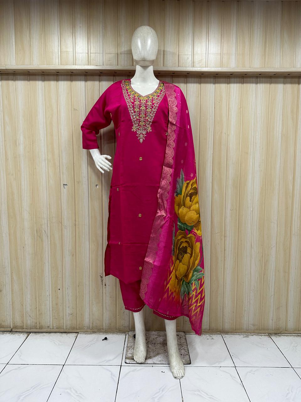 Premium Fuchsia Pink ROMAN SILK Embroidered 3-Piece Ethnic Suit Set with Printed Dupatta