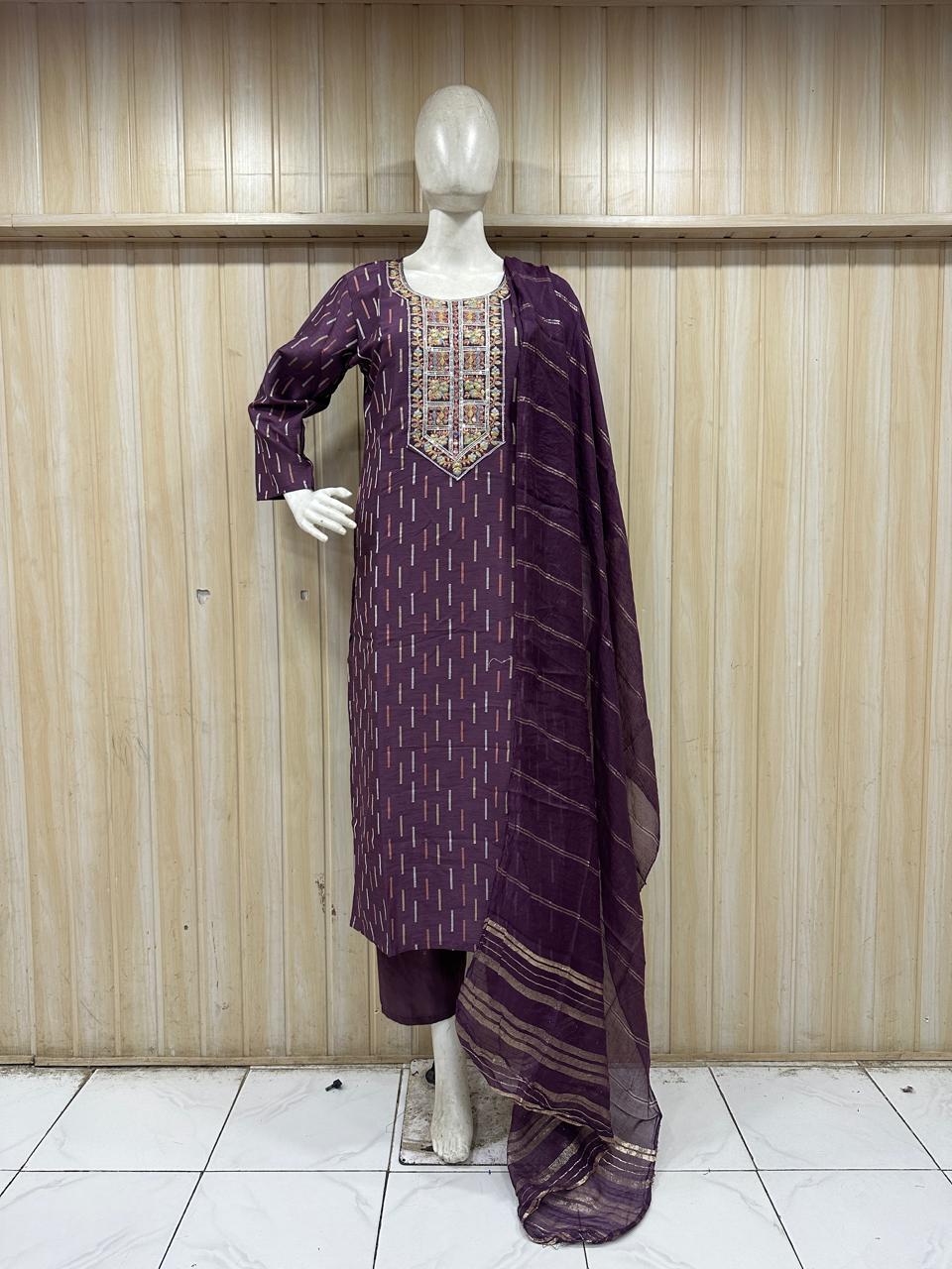 Purple ROMAN SILK Embroidered Straight Kurti Set with Pant &amp; Dupatta