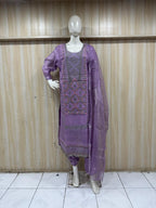 Lavender ROMAN SILK Embroidered Straight Kurti Set with Pant &amp; Dupatta