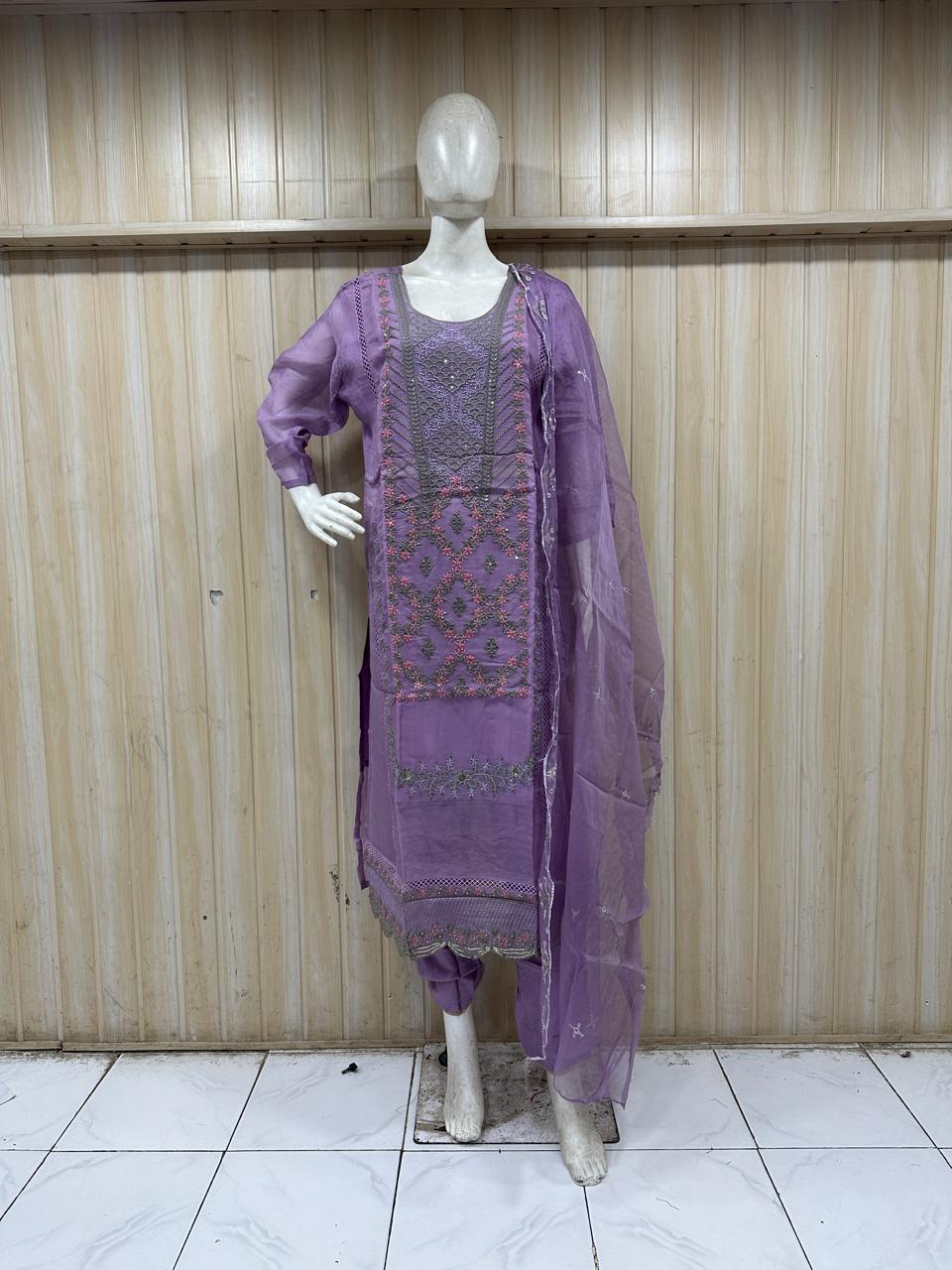 Lavender ROMAN SILK Embroidered Straight Kurti Set with Pant &amp; Dupatta