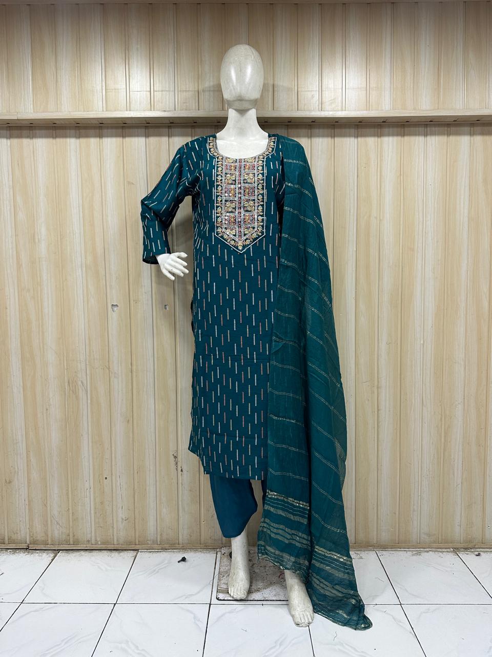 Teal Blue ROMAN SILK Embroidered Straight Kurti Set with Pant &amp; Dupatta