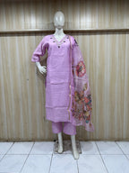 Lavender ROMAN SILK 3-Piece Embroidered Ethnic Suit Set with Floral Printed Dupatta