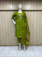 Olive Green ROMAN SILK 3-Piece Embroidered Ethnic Suit Set with Printed Dupatta