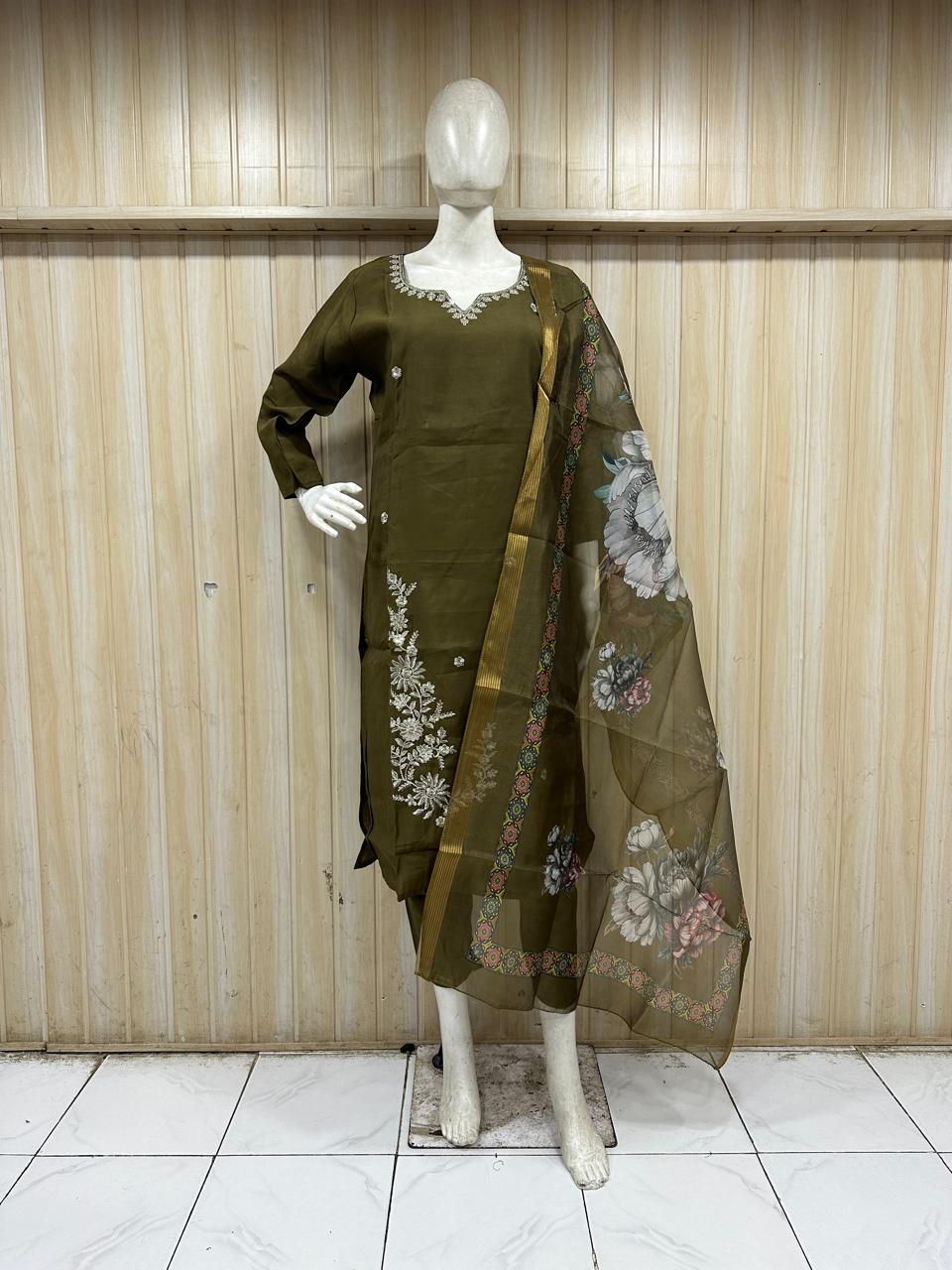 Olive Green ROMAN SILK Embroidered 3-Piece Ethnic Suit Set with Printed Dupatta