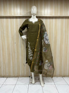 Olive Green ROMAN SILK Embroidered 3-Piece Ethnic Suit Set with Printed Dupatta