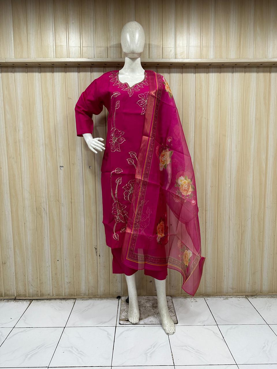 ROMAN SILK Magenta Pink 3-Piece Embroidered Ethnic Suit Set with Floral Dupatta