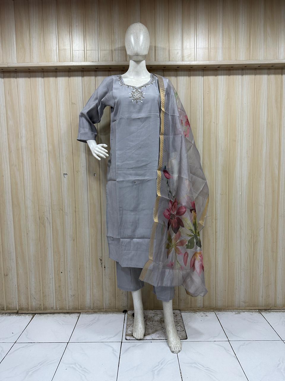 Premium Light Grey ROMAN SILK Embroidered 3-Piece Ethnic Suit Set with Floral Dupatta