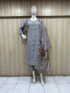 Premium Light Grey ROMAN SILK Embroidered 3-Piece Ethnic Suit Set with Floral Dupatta